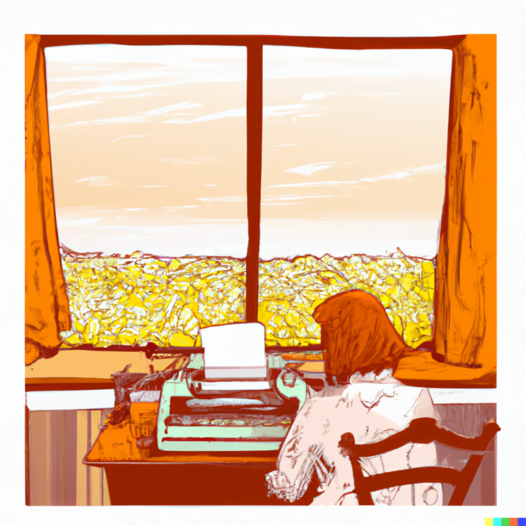 A view from behind a woman using a typewriter sitting in a window, overlooking a field; by DALL-E 2