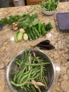 Freshly harvested vegetables on a marble countertop.