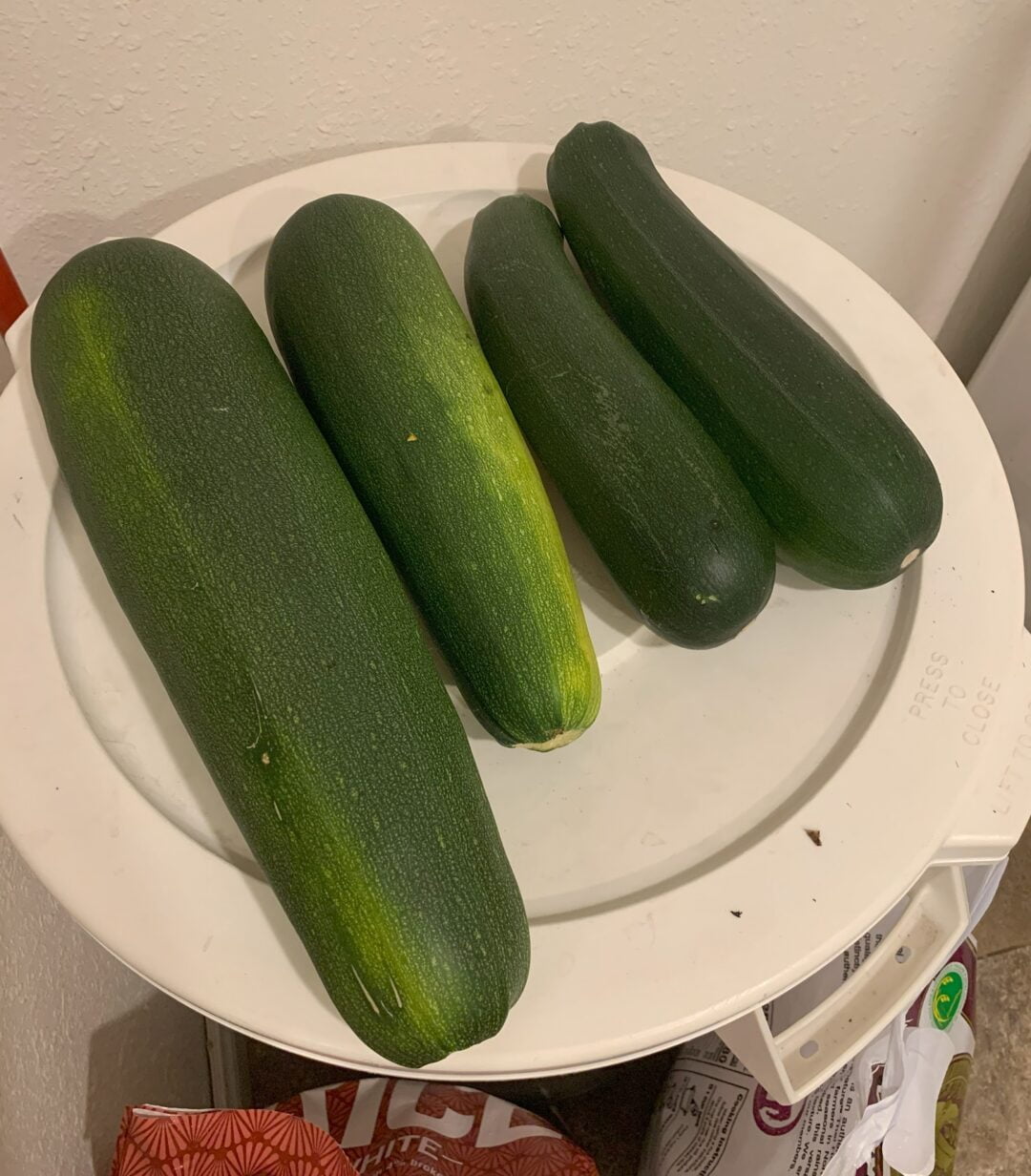 Four large zucchinis on a white plate.